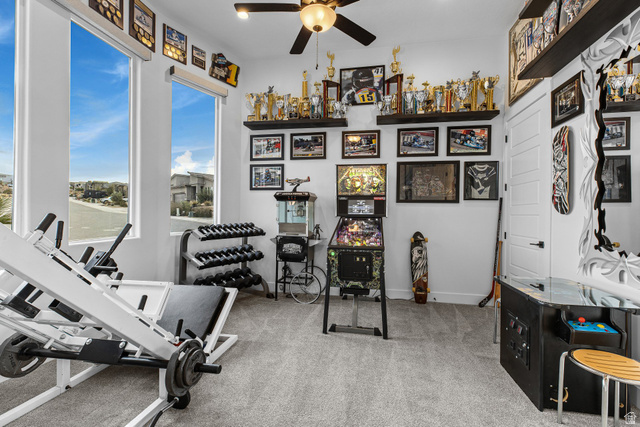 3022 West Sesia Way St. George, UT 84770 - Photo 20 of 52 Workout area featuring ceiling fan and light colored carpet