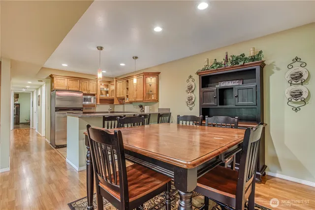 a view of a dining room with furniture