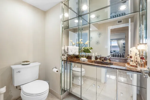 a bathroom with a sink a toilet a mirror and vanity