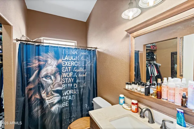 a bathroom with a sink mirror and toilet