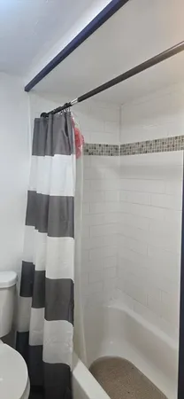 a bathroom with a shower and toilet