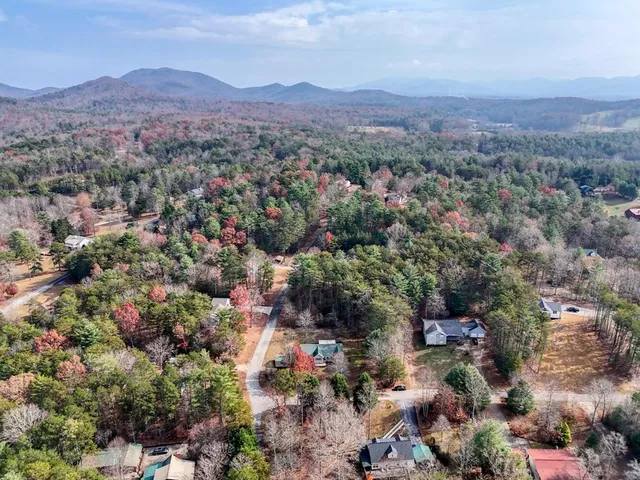 an aerial view of residential house with outdoor space and trees all around