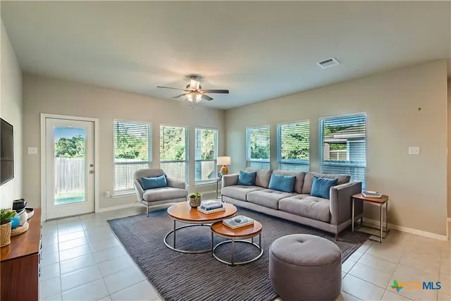 a living room with furniture potted plant and a large window