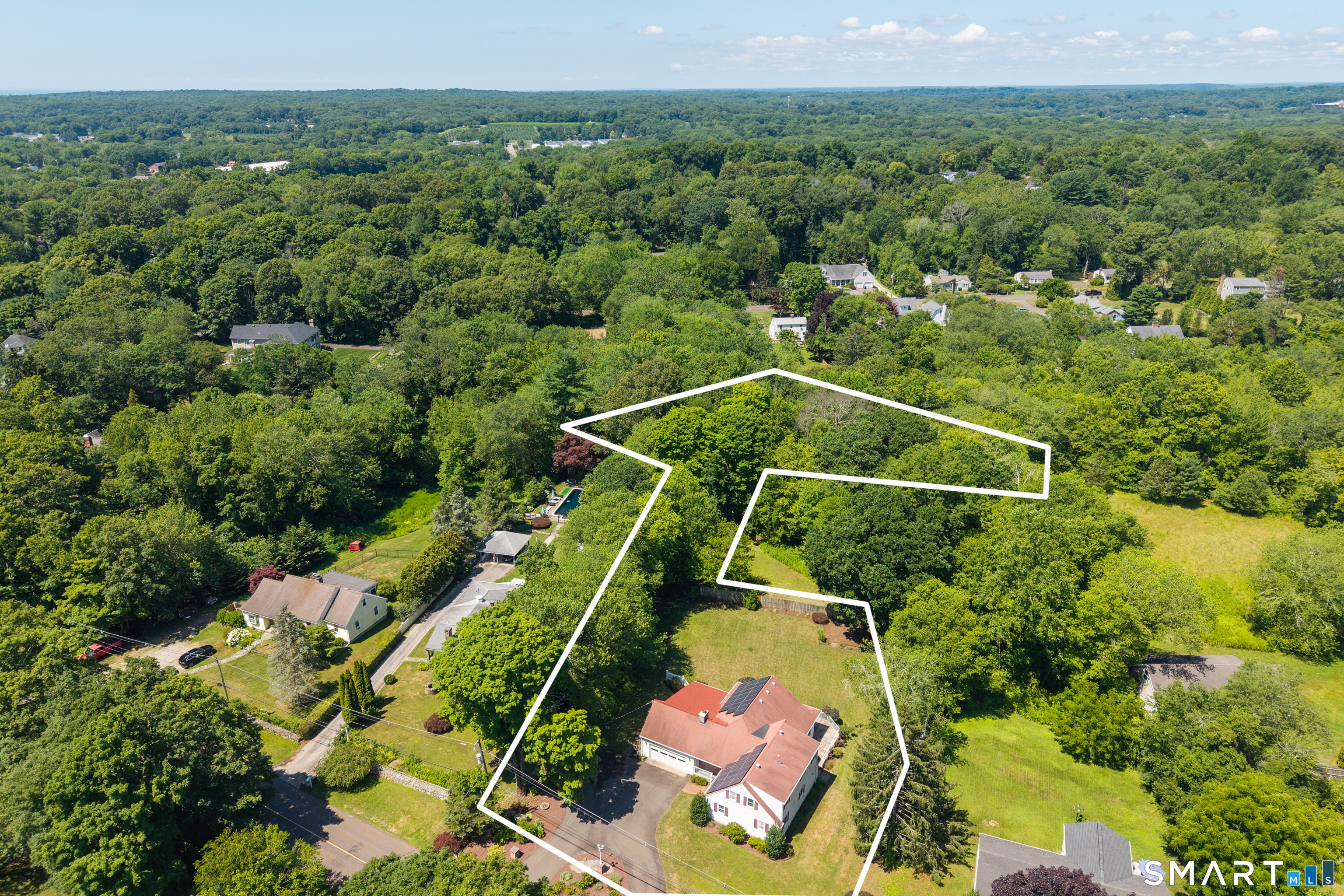 110 Nut Plains Road Guilford, CT 06437 - Photo 3 of 40 Aerial photo showing approximate property lines and the full sweep of this 1.33 acre setting comes into view.