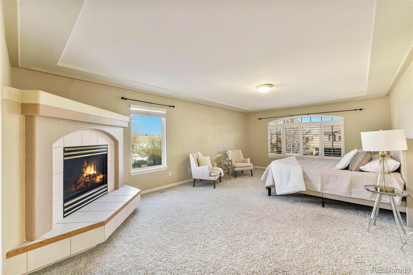 3042 Wyecliff Way Highlands Ranch, CO 80126 - Photo 16 of 40 a bed room with furniture and a fireplace