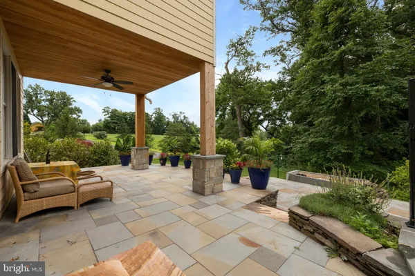 a view of a patio with table and chairs potted plants and large tree