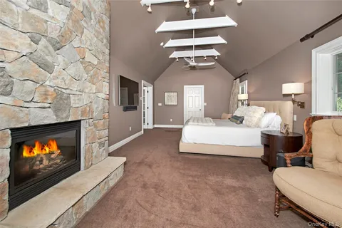 a living room with furniture a fireplace and a chandelier