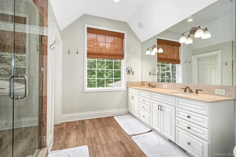 a bathroom with a double vanity sink a mirror and a shower