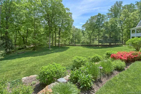 a view of a park with large trees