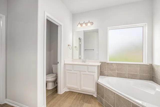 a bathroom with a sink a toilet and bathtub