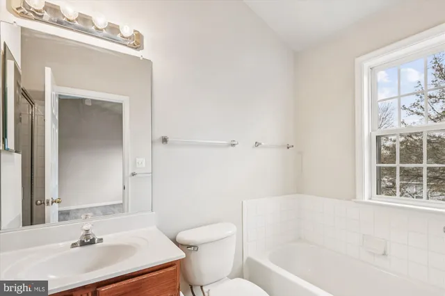 a bathroom with a bathtub shower sink vanity and a toilet