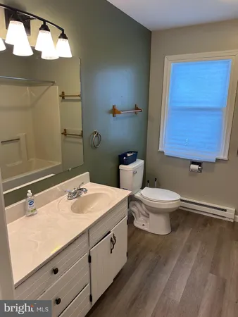 a bathroom with a toilet sink and mirror