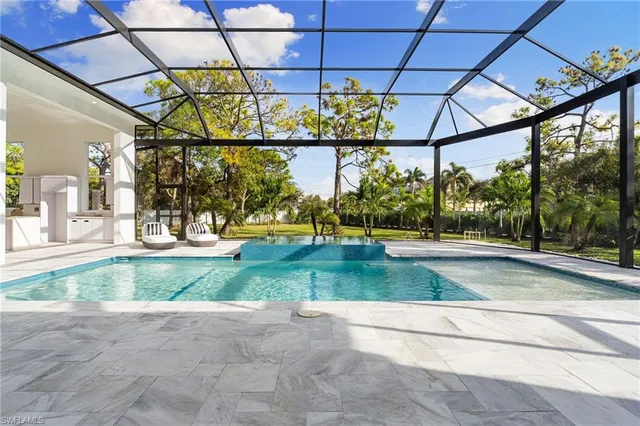 a view of a swimming pool with a yard