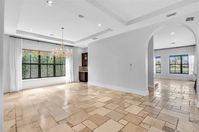 a view of a dining room with furniture