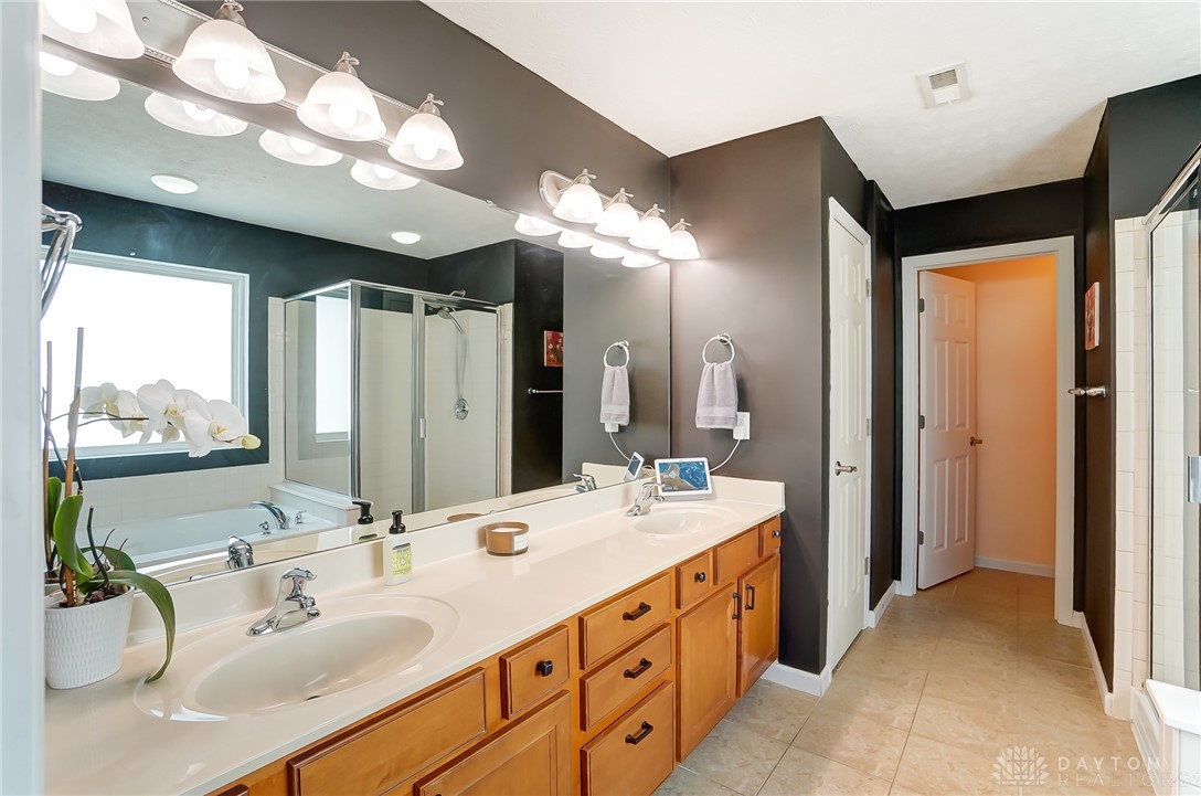 6042 Kay Court Riverside, OH 45424 - Photo 16 of 29 Primary bathroom with dual sinks and fantastic lighting.