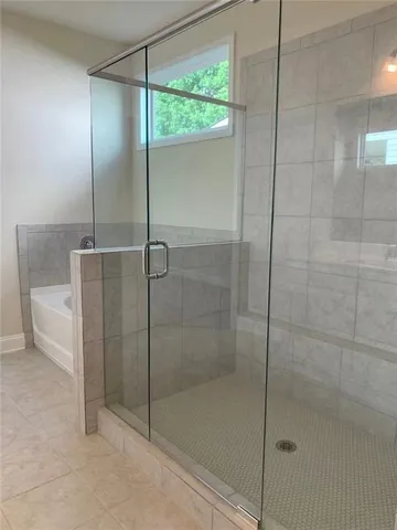 a bathroom with a shower and a toilet