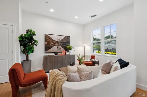 a living room with furniture and a potted plant