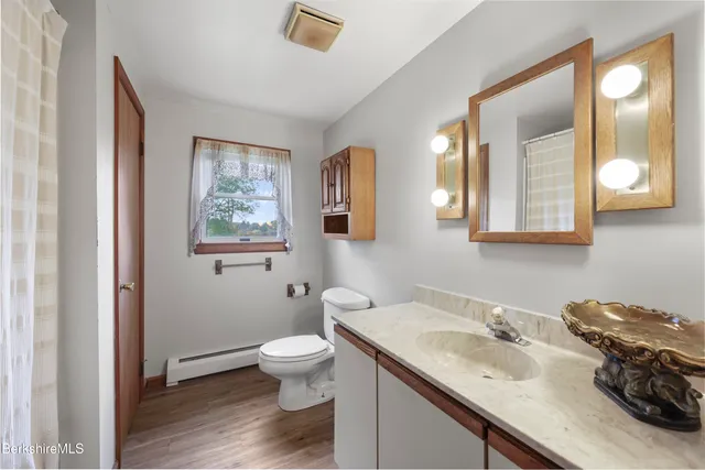 a bathroom with a granite countertop sink toilet and mirror