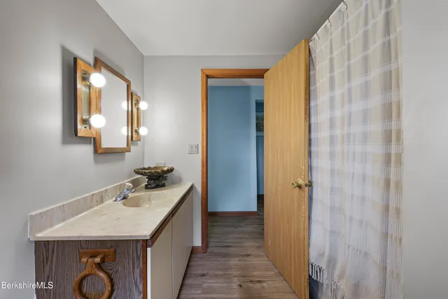 a bathroom with a sink a mirror and a shower