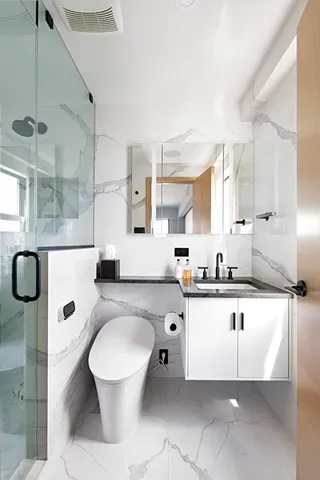 a bathroom with a sink a toilet and shower