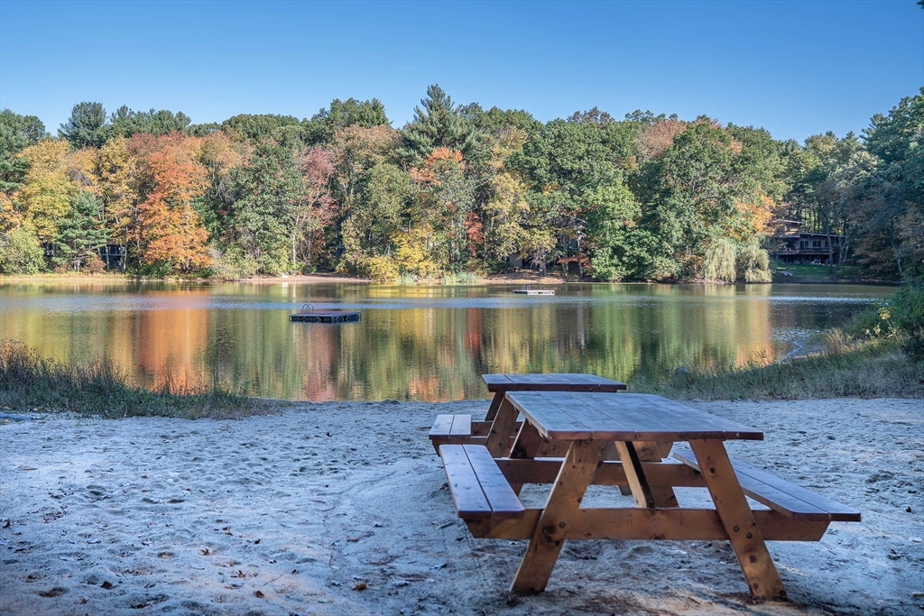 265 College Road Concord, MA 01742 - Photo 3 of 42 a view of a lake with a yard and a wooden bench