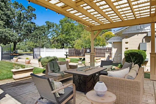 a view of a patio with couches chairs and a potted plant