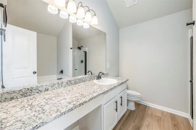 a bathroom with a granite countertop sink a toilet and a large mirror