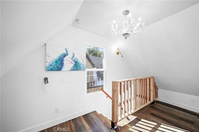 a view of a chandelier in a room