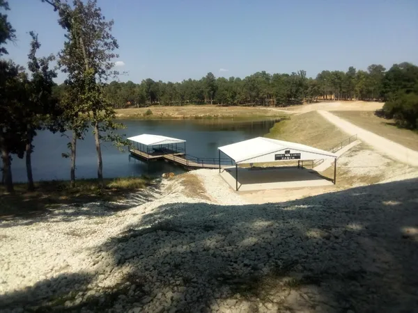 a view of a lake with beach and large trees