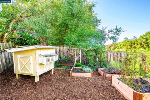a garden view with a seating space