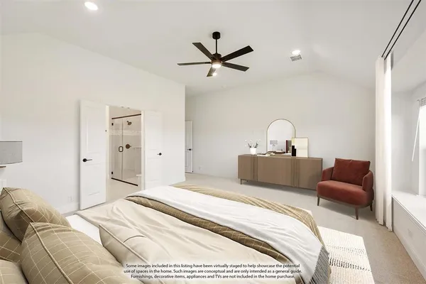 a bedroom with a bed and ceiling fan