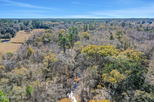 a view of a field with a city view