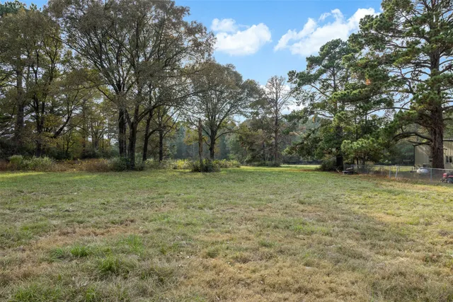 a view of a field with trees in the background