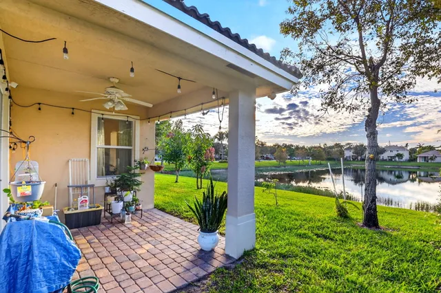 a garden view with a seating space
