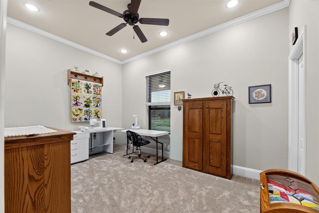 985 Vest Lane Pilot Point, TX 76258 - Photo 32 of 40 Interior room featuring light gray walls, crown molding, recessed lighting, and a ceiling fan