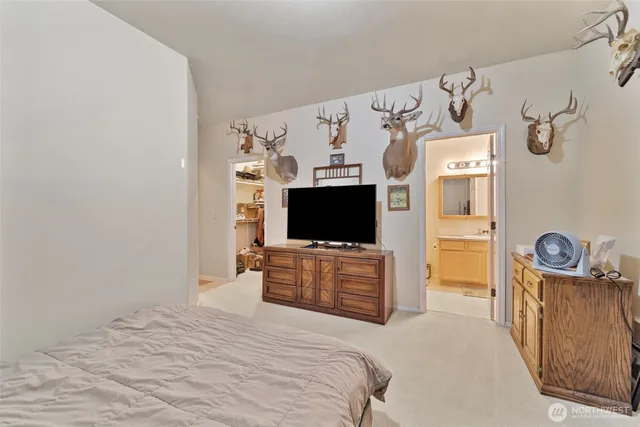 a bedroom with a bed and a television