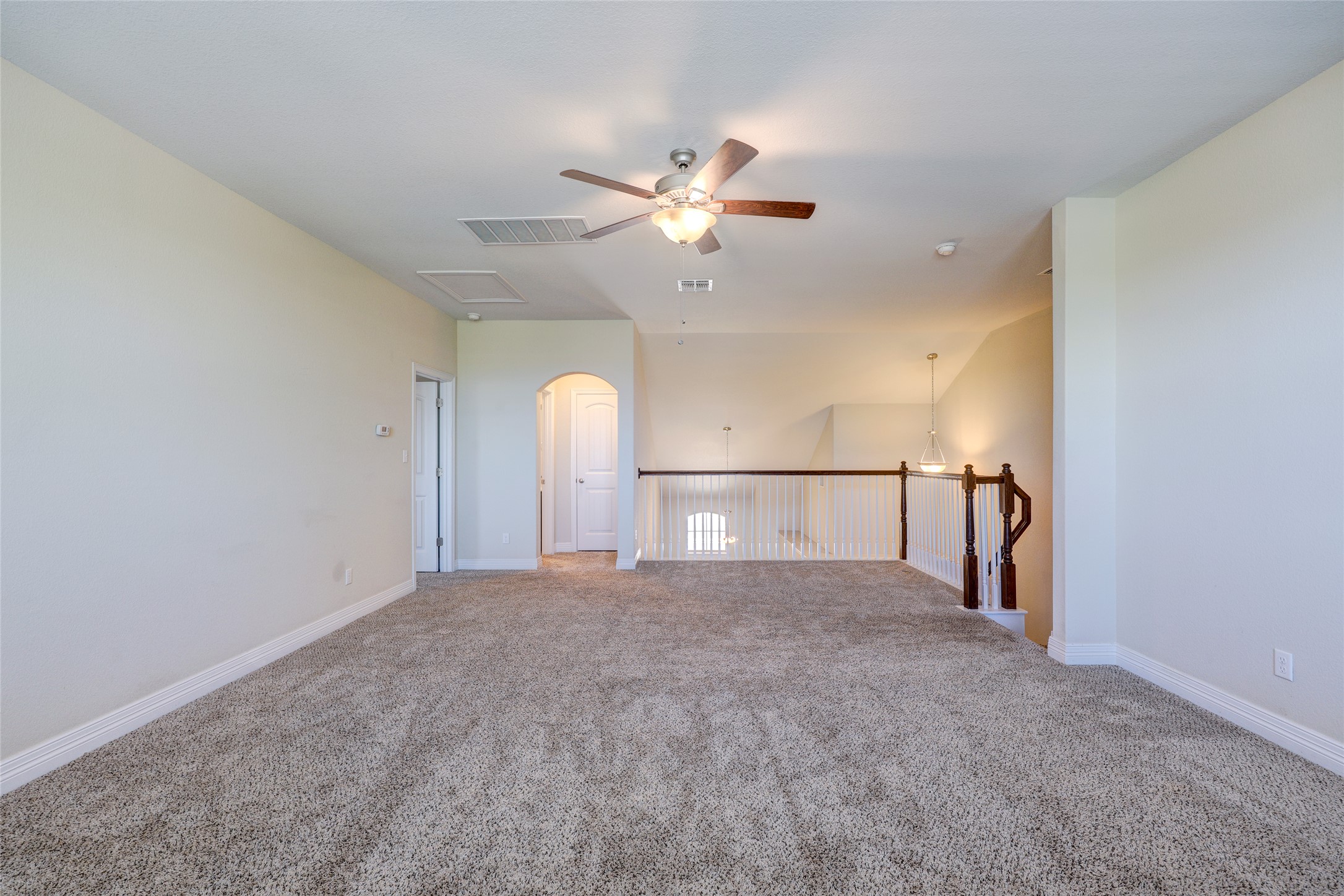 409 Betony Loop Buda, TX 78610 - Photo 25 of 38 A spacious upper-level area features soft carpeting and a ceiling fan, connecting to other rooms via an arched doorway and an open balustrade.