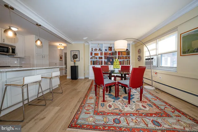 a view of a dining room with furniture
