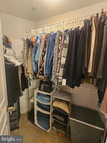 a view of walk in closet with clothes