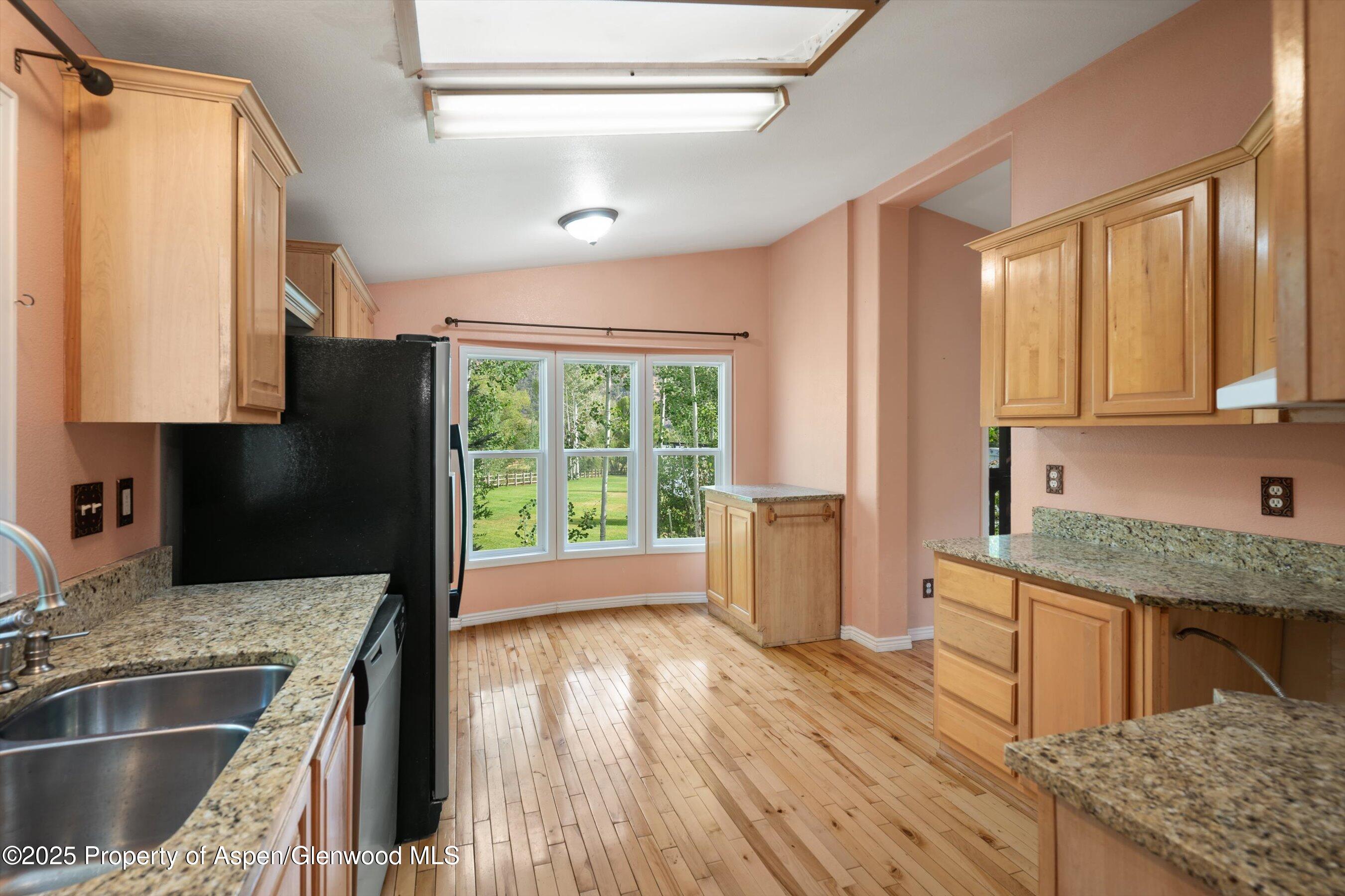 111 Ridge Trail Aspen, CO 81611 - Photo 12 of 37 a kitchen with stainless steel appliances granite countertop a refrigerator a sink dishwasher a stove and white countertops with wooden floor