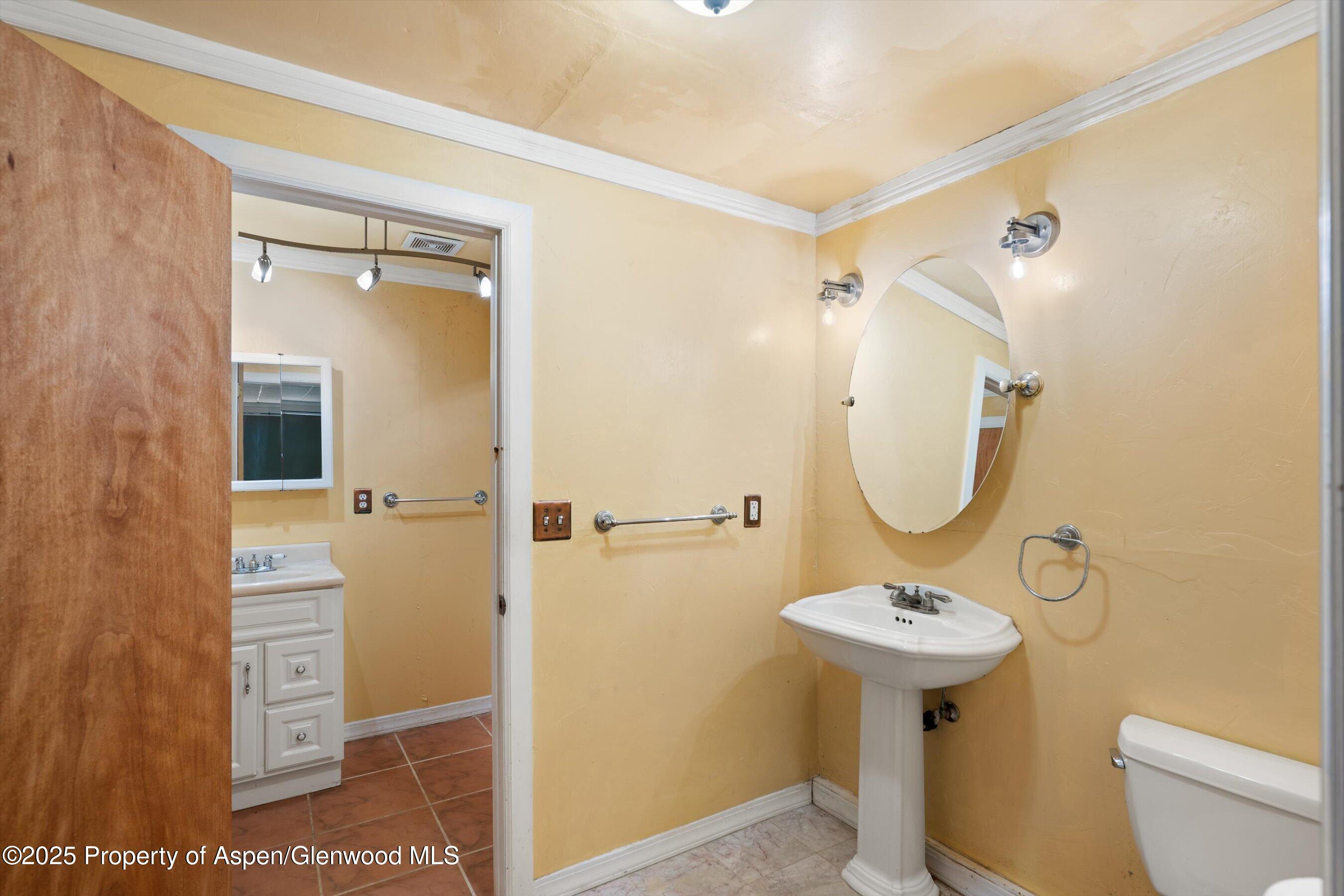 111 Ridge Trail Aspen, CO 81611 - Photo 25 of 37 a bathroom with a sink a mirror a toilet and vanity