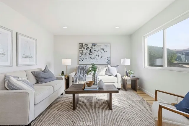 a living room with furniture a rug potted plant and a large window