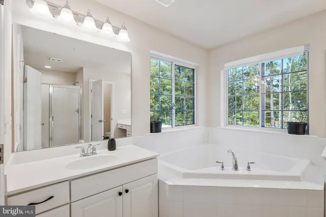 a bathroom with a tub a sink and mirror