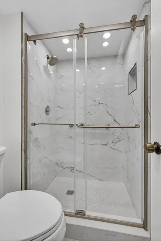 a bathroom with a shower and a toilet