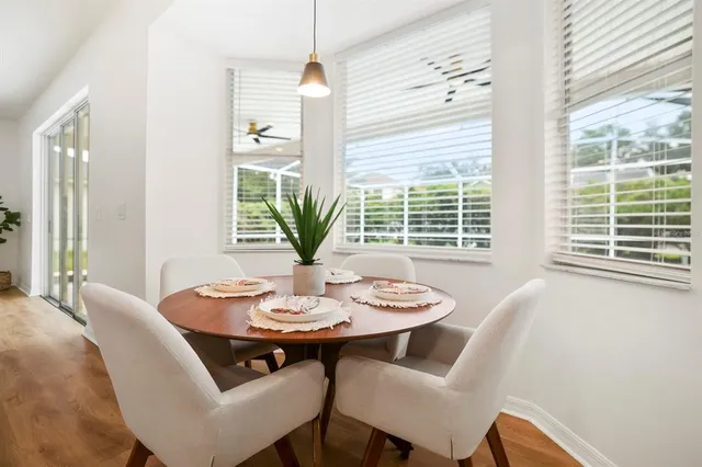 a view of a dining room with furniture window and outside view