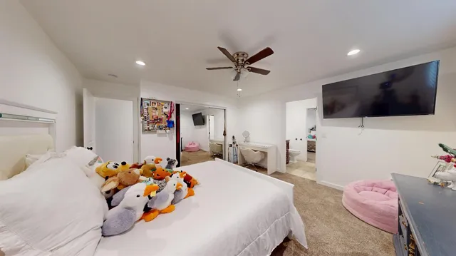 a bedroom with a bed and a flat screen tv