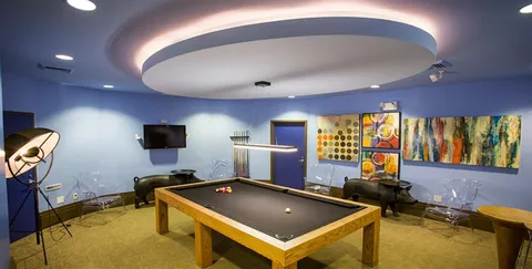 a room with furniture pool table and flat screen tv