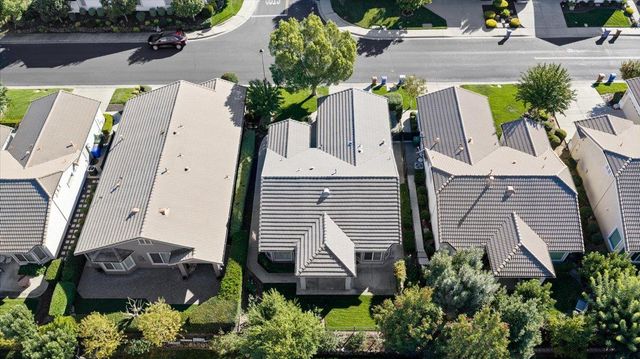 an aerial view of a house with a yard and potted plants