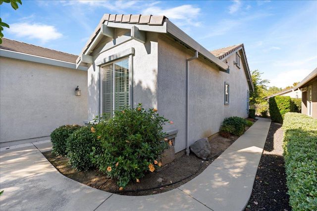 a view of a small house with potted plants