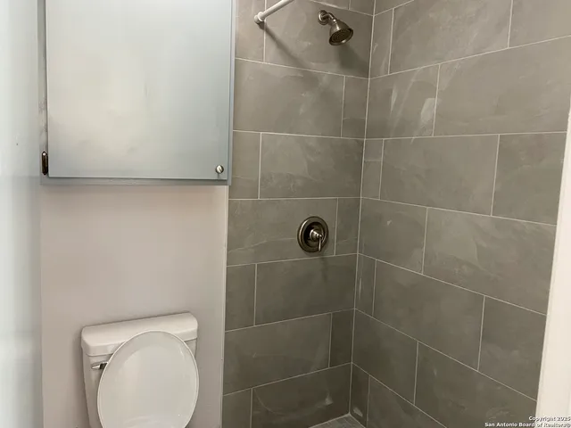 a bathroom with a toilet and a shower